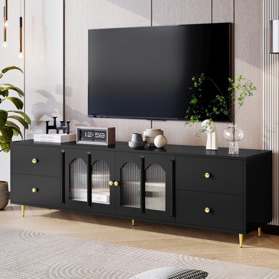 70.9''W Modern TV Stand for TVs up to 75" with Metal Legs and Handles, Entertainment Center with Glass Doors and 4 Drawers - ModernLuxe