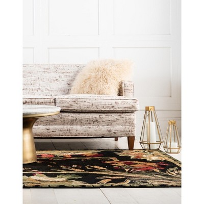 Black Floral Rectangular Stain-Resistant Synthetic Area Rug