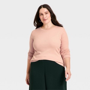 Women's Slim Fit Long Sleeve Embellished Ribbed Top - A New Day™ - 1 of 4