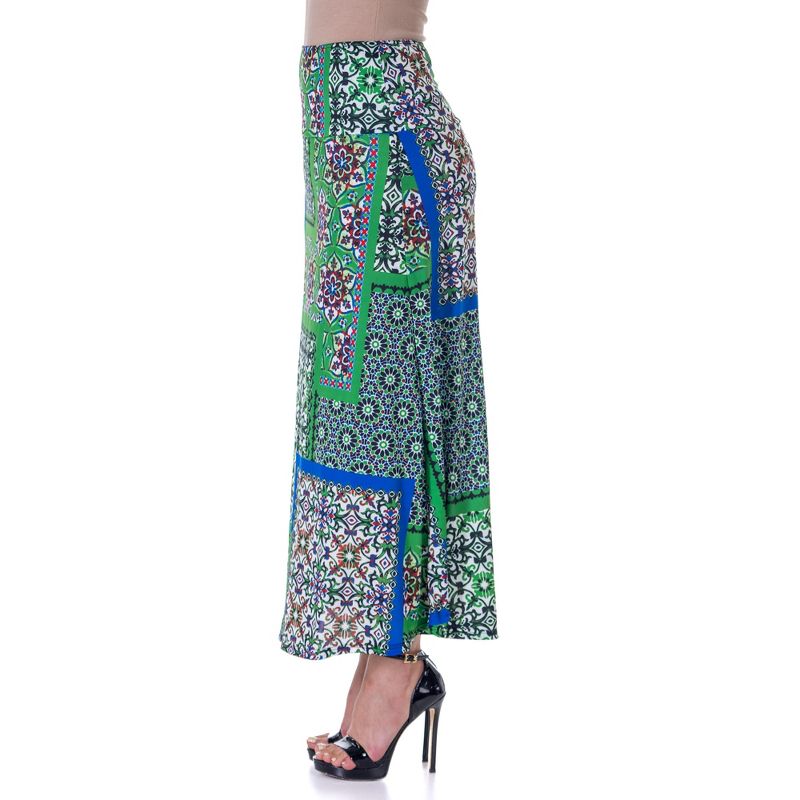 24seven Comfort Apparel Green Scarf Print Elastic Waist Ankle Length Comfortable Maxi Skirt, 2 of 9