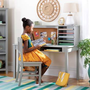 Guidecraft Kids' Media Desk and Chair Set: Children's Wooden Study and Writing Table with Corkboard, Hutch and Shelf Storage