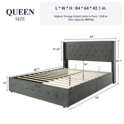 Allewie Queen Size Dark Grey Hydraulic Lift Storage Bed with Button Tufted Wingback Headboard