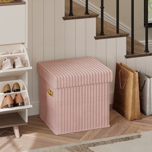 Pinmoco 15/30/43 inch Folding Storage Ottoman Bench with White Blanket and Side Pocket, Corduroy Storage Bench Footrest for Entryway Living Room - 1 of 4