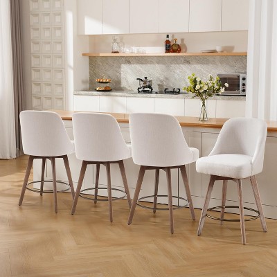 Bekrvio 26" Swivel Bar Stools Set 1/2/3/4 with Solid Wood Legs, 3.15” Linen Upholstered Seat with Back, Mid-Century Bar Chairs for Kitchen Island