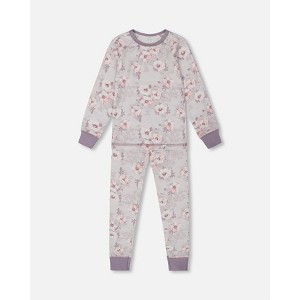 Deux par Deux Girl Printed Organic Cotton Long Sleeve Top and Pant Pajama Set Pale Pink Flowers on Neutral Lilac - 1 of 3