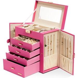 Synthetic Leather Huge Jewelry Box Mirrored Watch Organizer Necklace Ring Earring Storage Lockable - 1 of 4