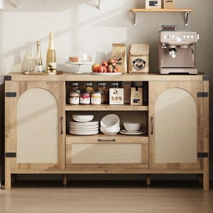 Jojoka Rattan Sideboard Buffet Cabinet,Farmhouse Kitchen Storage Cabinet,Boho Buffet Table Wooden Coffee Bar Cabinet,Brown - 1 of 4