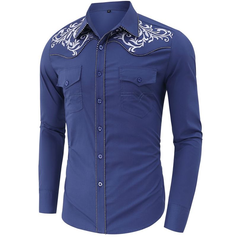 Men's Western Cowboy Shirt Long Sleeve Cotton Embroidered Casual Button Down Work Shirt with Pockets, 2 of 6