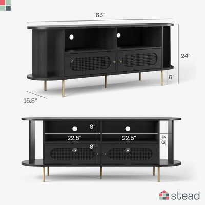 Black Rattan TV Stand with Cabinet and Open Shelves, 63"