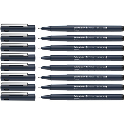 Schneider Pictus Fineliners, Wallet, 8 Pieces, Black Ink, Assorted Sizes