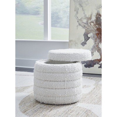 Ivory White Round Storage Ottoman with Textured Fabric