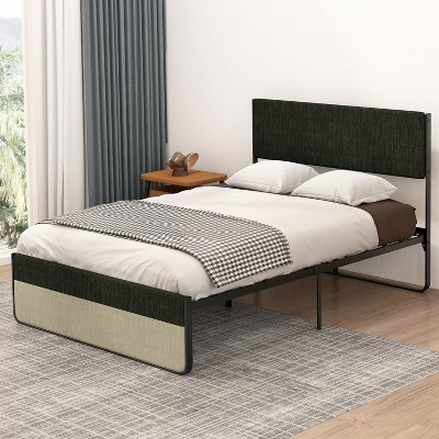 Simple Bed Full Size, Platform Bed with Linen Upholstered Headboard and Footboard Sturdy Steel Slat Bed Mattress Foundation Enough Space for Storage