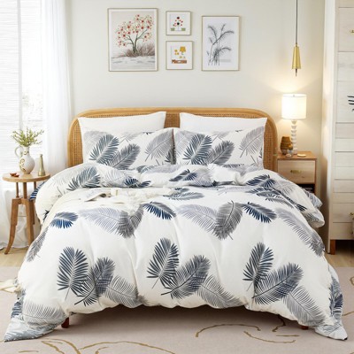 Cotton Duvet Cover Set – 100% Washed Cotton Reversible Floral Bedding with Zipper Closure, Soft Breathable 3-Piece Set