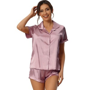 cheibear Women's Button Short Sleeve Shirt and Shorts Satin 2-Piece Sleepwear Pajama Sets - 1 of 4
