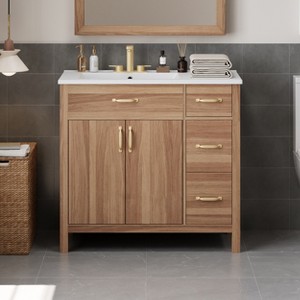 36"W Bathroom Vanity with Ceramic Sink, Bathroom Cabinet with Drawers, Soft-close Doors, Storage Cabinet and Adjustable Shelf, Natural-ModernLuxe - 1 of 4