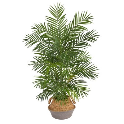 Nearly Natural 4-ft Areca Artificial Palm Branches in Boho Chic Handmade Cotton & Jute Gray Woven Planter