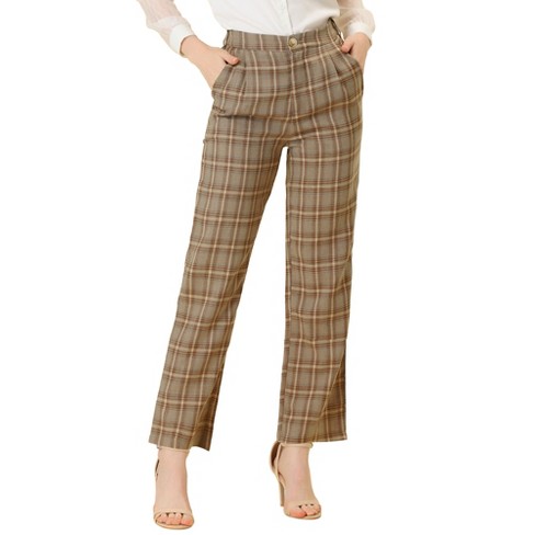 Allegra K Women's Plaid Elastic Waist Casual Work Office Long Trousers  Light Brown Beige Small : Target