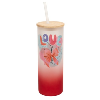 Elanze Designs 25 Ounce Frosted Glass Gradient Travel Tumbler With Straw and Wooden Lid, Love Balloons Red