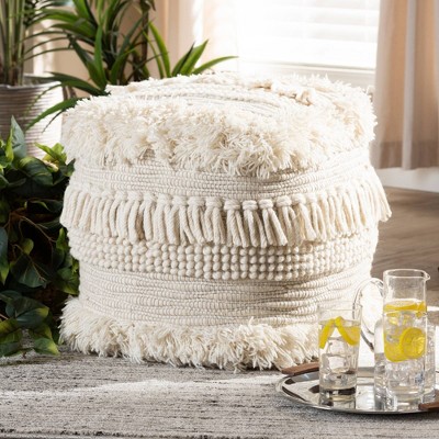 Baxton Studio Bartow Handwoven Moroccan Inspired Pouf Ottoman Beige: Round Cotton & Wool Footstool, No Assembly Required