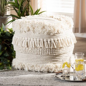 Baxton Studio Bartow Handwoven Moroccan Inspired Pouf Ottoman Beige: Round Cotton & Wool Footstool, No Assembly Required - 1 of 4
