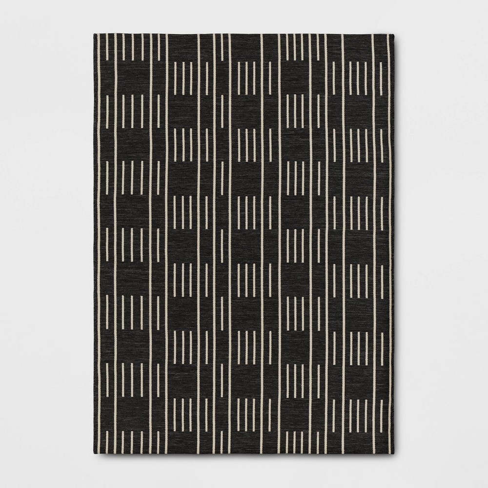 Photos - Area Rug 5'x7' Striped Checks Outdoor Rug Charcoal Gray - Threshold™