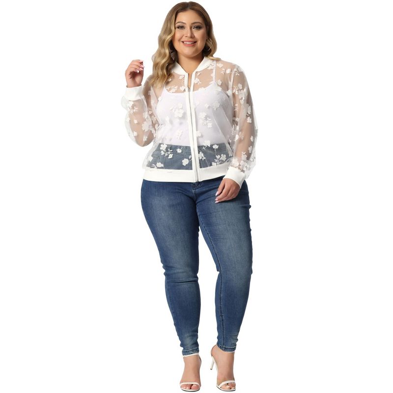 Agnes Orinda Women's Plus Size Bomber Mesh Sheer Floral Lace Long Sleeve Fashion Jackets, 3 of 6