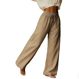 Women's High Waisted Elastic Waistb Drawstring Wide Leg Pants - 1 of 4