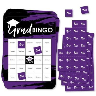 Big Dot of Happiness Purple Grad - Best is Yet to Come - Bingo Cards and Markers - Purple Graduation Party Shaped Bingo Game - Set of 18