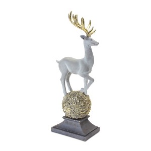 Winter Deer Figurine on Orb – 18H Resin Gold Grey – Holiday Tabletop Decor – By Melrose - 1 of 3