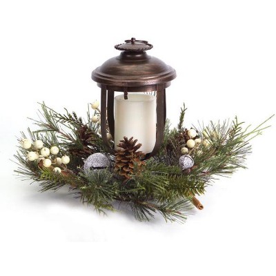 Melrose 11" Woodland Inspired Lantern with Frosted Pine and Jingle Bell Christmas Pillar Candle Holder