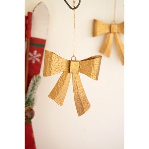 Antique Gold Metal Bow Ornament – 6" H Distressed Metal and Jute Christmas Hanging Decoration, Set of 6 by Kalalou - 1 of 3