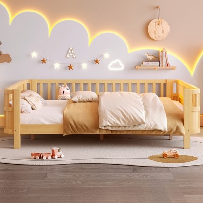 JUJABU Twin XL Size  Wood Platform Bed for Kids, with Safety Guardrails & Detachable Fence
