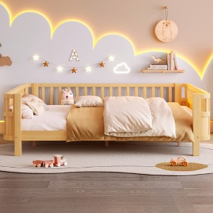 JUJABU Twin XL Size  Wood Platform Bed for Kids, with Safety Guardrails & Detachable Fence - 1 of 4