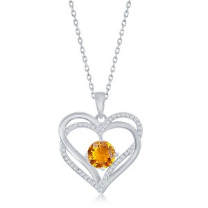 Bella Silver Sterling Silver Double Heart "November" Birthstone CZ 18" Pendant Necklace  - Citrine CZ - Yellow - 1 of 2