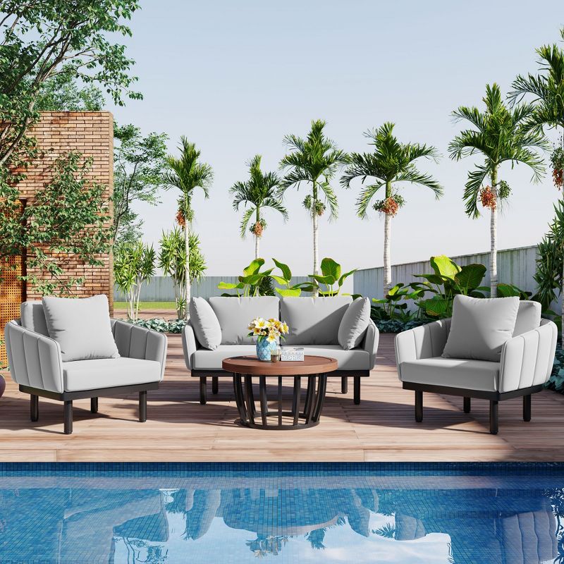 Modern 4-Piece Outdoor Iron Frame Conversation Set, Patio Chat Set with Acacia Wood Round Coffee Table 4M - ModernLuxe, 1 of 14