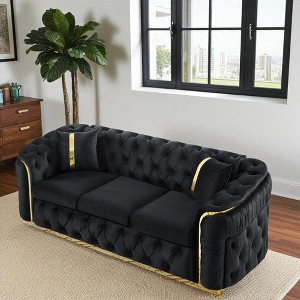 90.6" Velvet Button Tufted Sofa with Gold Stainless Steel Accents & 2 Pillows, 3-Seater Luxury Chesterfield Sofa for Living Room, Italian Velvet - 1 of 4