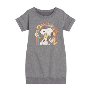 - Peanuts - Retro Flower Rainbow Graphic Short Sleeve Fleece Dress - 1 of 4