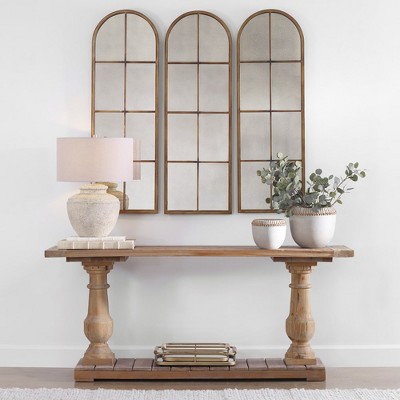 Maple Brown Arched Windowpane Wall Mirror with Antique Glass