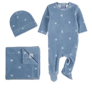 MiniMoi 3 Piece Baby Boys "Velvet Star" Cotton Rich Velour Footie Set Blue NB - 1 of 4