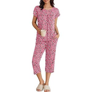 Ekouaer Womens Pajama Set Short Sleeve Sleepwear Pleated Floral Pjs Set Capri Pants Lounge Sets with Pockets - 1 of 4