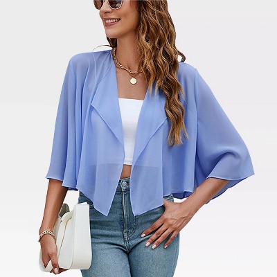 Womens Mesh Cardigan Open Front Batswing Sleeve Shrugs Lightweight Semi-Sheer Floral Cardigan,Blue - M