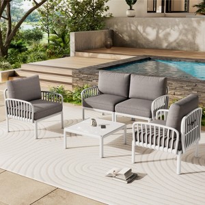 4-Piece/6-Piece Modern Outdoor Patio Furniture Set with Square Coffee Table Patio Conversation Set with Waterproof Cushions, Black/White - ModernLuxe - 1 of 4