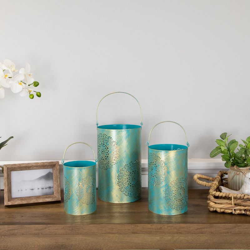 Northlight Set of 3 Turquoise and Gold Floral Laser-Cut Pillar Candle Lanterns, 3 of 8