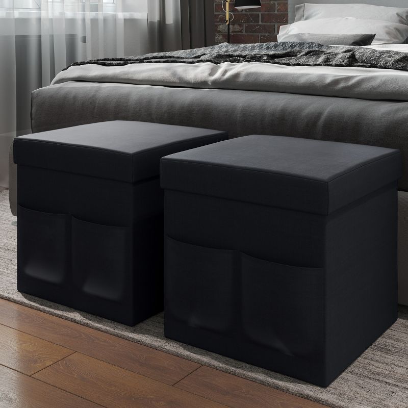 Hasting Home Set of 2 Folding Ottomans with Storage Pockets, 2 of 4