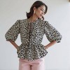 Knit & Lounge Women’s Animal Print Puff Sleeve Peplum Blouse Tie Front Split Neckline Adjustable Waist Feminine Statement Top - 4 of 4