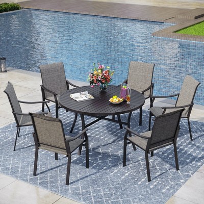 Captiva Designs 7pc Outdoor Dining Steel Table with Umbrella Hole & Brown Textilene Arm Chairs