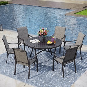 Captiva Designs 7pc Outdoor Dining Steel Table with Umbrella Hole & Brown Textilene Arm Chairs - 1 of 4