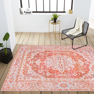 Orange and Cream Medallion Washable Synthetic Area Rug 4' x 6'