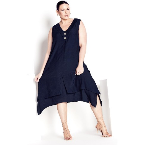 AVENUE | Women's Plus Size Pleat Button Dress - navy - 30W/32W