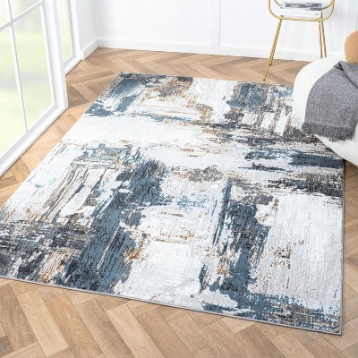 Blue and White Abstract Synthetic 5' x 7' Area Rug